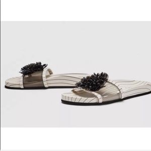 Zara black white slides with floral embellishment